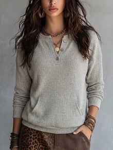 SHEIN LUNE Women's Casual Versatile Sweatshirt, Autumn Brunch Everyday Home Light Grey - Apricot - View 5