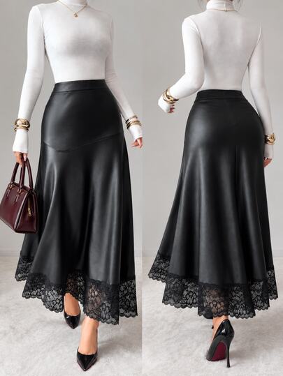 Elenzga Falda ajustada A-line de mujer con patchwork de cuero y encaje, elegante para otoño/invierno, ideal para citas, uso diario, compras y fotografía callejera