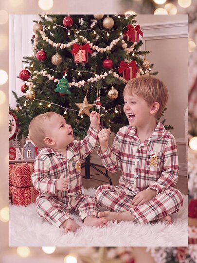 Christmas Autumn/Winter Boys Toddler 2 Pieces Set, Fashionable Retro Red & Black Plaid Print, Cute Pocket Gingerbread Man Heat Transfer Graphic, Soft Comfortable Double-Layer Crinkle Fabric, Printed Lapel Long Sleeve Top & Long Pants