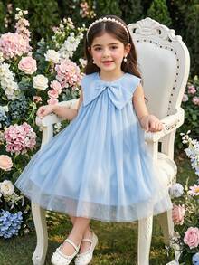 Elladie kids 小女孩浅蓝色无袖连衣裙，正面饰有蝴蝶结，时尚优雅，适合日常穿着或参加派对场合。 - 藍色 - 查看 3