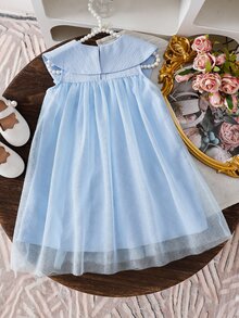 Elladie kids 小女孩浅蓝色无袖连衣裙，正面饰有蝴蝶结，时尚优雅，适合日常穿着或参加派对场合。 - 藍色 - 查看 4