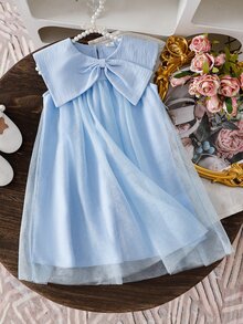 Elladie kids 小女孩浅蓝色无袖连衣裙，正面饰有蝴蝶结，时尚优雅，适合日常穿着或参加派对场合。 - 藍色 - 查看 9