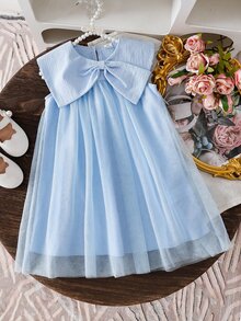 Elladie kids 小女孩浅蓝色无袖连衣裙，正面饰有蝴蝶结，时尚优雅，适合日常穿着或参加派对场合。 - 藍色 - 查看 5