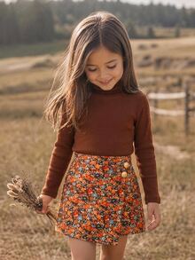 SHEIN Young Girl 2件套：針織素色立領休閒T恤秋季上衣與梭織碎花裙褲 - 彩色 - 查看 4