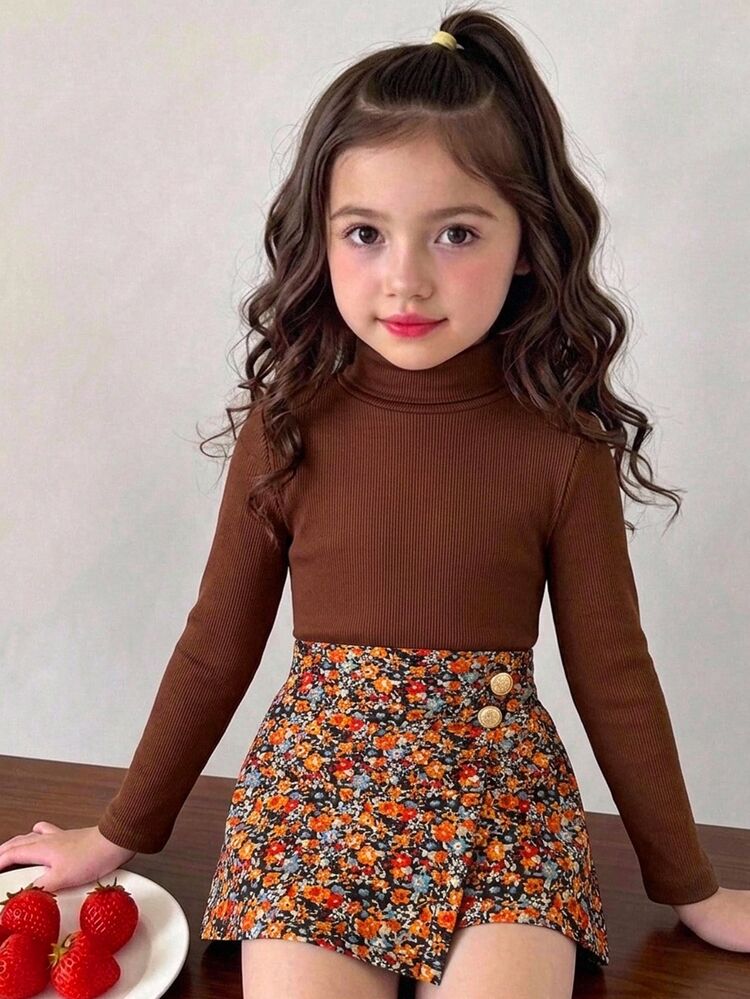 SHEIN Set 2 Potong untuk Anak Perempuan: Kemeja Kasual Rajut Polos Kerah Tegak untuk Musim Gugur dan Rok Celana Pendek Motif Bunga Kecil Tenun - MultiWarna - View 1