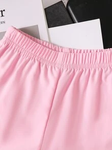 SHEIN 女婴白色纯色提花纹理圆领无袖短款褶皱上衣，饰以彩色波点印花，搭配舒适的粉色弹力腰短裤，打造春夏度假休闲法式田园优雅套装。 - 粉色 - 查看 9