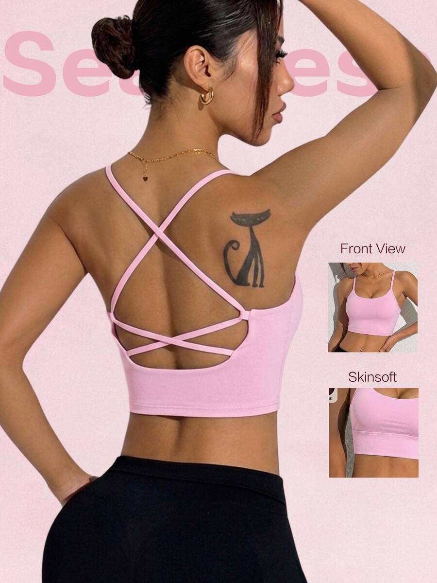 SHEIN Sovereign Charm Shoulder Strap Backless Cropped Versatile Sports Bra For Yoga And Fitness - Pink - View 1