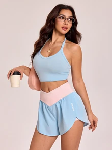 SHEIN Sovereign Charm Casual Versatile Contrast Color Letter Reflective Print Waistband Pocket Fitted Sports Shorts - Multicolor - View 8