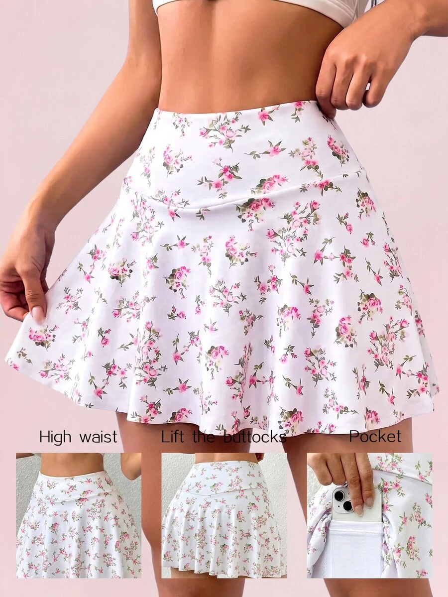 Sovereign Charm Women's Tennis Skort Floral Print Built-In Shorts With Pockets High Stretch Skin-Friendly For Tennis Workout Daily Summer