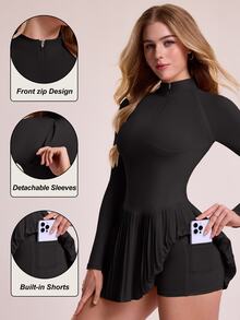 Sovereign Charm Women's Solid Color Stand Collar With Pocket Casual Daily Sports Dress - Black - View 4