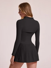Sovereign Charm Women's Solid Color Stand Collar With Pocket Casual Daily Sports Dress - Black - View 3
