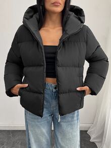 SHEIN Tall Size Women Black Solid Color Casual Hooded Winter Coat With Pockets - Black - View 7