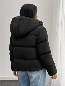 SHEIN Tall Size Women Black Solid Color Casual Hooded Winter Coat With Pockets - Black - View 3