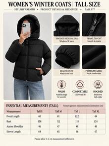 SHEIN Tall Size Women Black Solid Color Casual Hooded Winter Coat With Pockets - Black - View 5