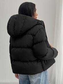 SHEIN Tall Size Women Black Solid Color Casual Hooded Winter Coat With Pockets - Black - View 11