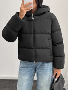 SHEIN Tall Size Women Black Solid Color Casual Hooded Winter Coat With Pockets - Black - View 8
