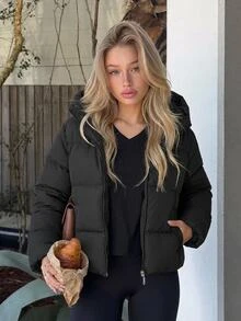 SHEIN Tall Size Women Black Solid Color Casual Hooded Winter Coat With Pockets - Black - View 2