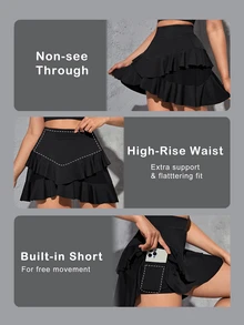 SHEIN Sovereign Charm High Waist Phone Pocket Ruffle Hem Sports Skort Tennis Skirt Athletic Skirt - Black - View 3