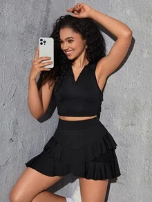 SHEIN Sovereign Charm High Waist Phone Pocket Ruffle Hem Sports Skort Tennis Skirt Athletic Skirt - Black - View 8