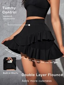SHEIN Sovereign Charm High Waist Phone Pocket Ruffle Hem Sports Skort Tennis Skirt Athletic Skirt - Black - View 9