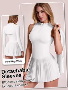 Sovereign Charm Women's Solid Color Pleated Patchwork Sleeveless Sports Dress Camisole Top - White - View 2
