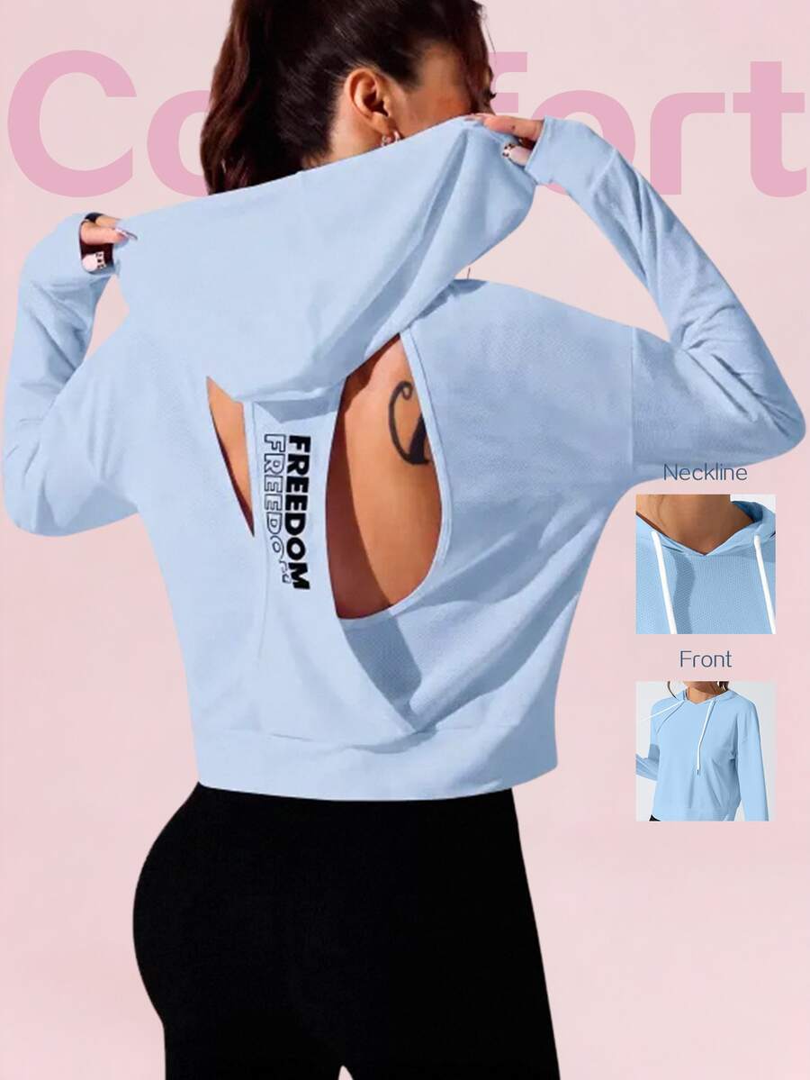 SHEIN Sovereign Charm 女士字母印花露背长袖连帽运动卫衣