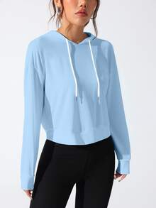 SHEIN Sovereign Charm 女士字母印花露背长袖连帽运动卫衣 - 藍色 - 查看 5