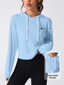 SHEIN Sovereign Charm 女士字母印花露背长袖连帽运动卫衣 - 藍色 - 查看 3