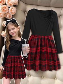 SHEIN Tween女孩秋冬休閒優雅紅色格紋長袖圓領拼接洋裝 - 紅色 - 查看 6