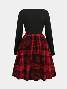 SHEIN Tween女孩秋冬休閒優雅紅色格紋長袖圓領拼接洋裝 - 紅色 - 查看 3