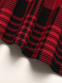 SHEIN Tween女孩秋冬休閒優雅紅色格紋長袖圓領拼接洋裝 - 紅色 - 查看 8