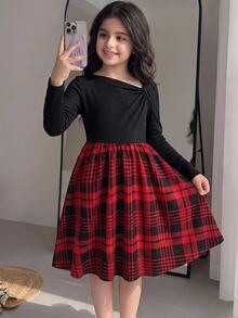 SHEIN Tween女孩秋冬休閒優雅紅色格紋長袖圓領拼接洋裝 - 紅色 - 查看 1