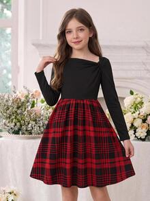 SHEIN Tween女孩秋冬休閒優雅紅色格紋長袖圓領拼接洋裝 - 紅色 - 查看 4