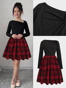 SHEIN Tween女孩秋冬休閒優雅紅色格紋長袖圓領拼接洋裝 - 紅色 - 查看 5