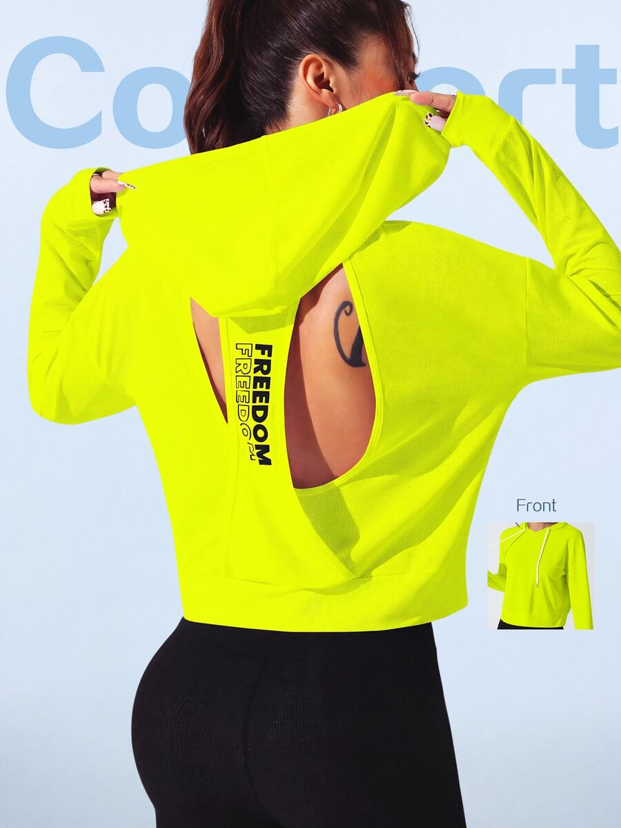 SHEIN Sovereign Charm Sweatshirt Olahraga Wanita Berkerudung dengan Potongan Belakang dan Cetakan Huruf Warna Hijau Neon