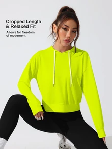 SHEIN Sovereign Charm Sweatshirt Olahraga Wanita Berkerudung dengan Potongan Belakang dan Cetakan Huruf Warna Hijau Neon - Mustard Yellow - View 5