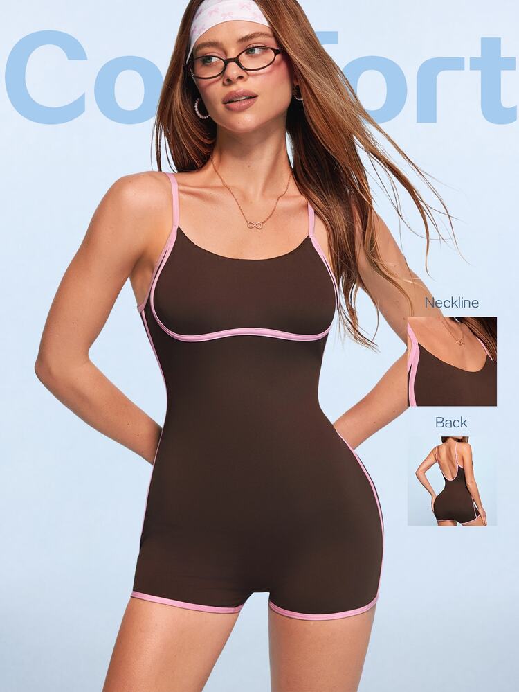 SHEIN Sovereign Charm Women's Colorblock Casual Sporty Sexy Daily Wear Spaghetti Strap Athletic Romper Gym Brown And Pink Summer - Multicolor - View 1