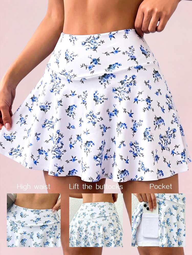 SHEIN Sovereign Charm Women's Floral Print Pocket Casual Versatile Daily Outing Sports Skort - Multicolor - View 1