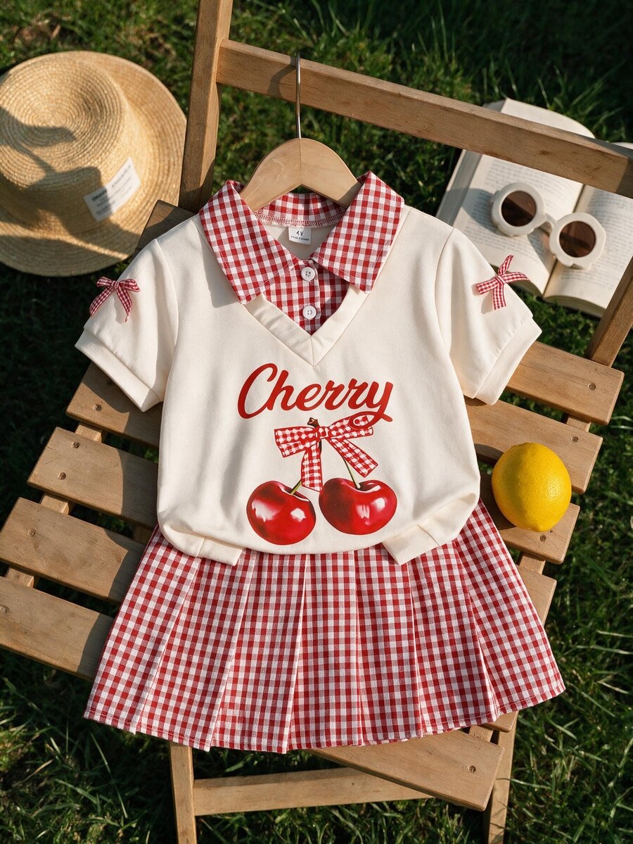 SHEIN 女童短袖襯衫格紋裙套裝，櫻桃字母印花上衣，夏季職業日返校幼兒園 7 歲生日棕色套裝