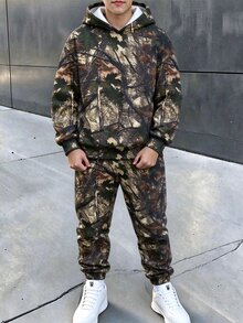 青少年男孩迷彩印花連帽衛衣與運動長褲套裝，休閒長袖連帽衛衣與鬆緊腰長褲 2 件套 - 彩色 - 查看 1