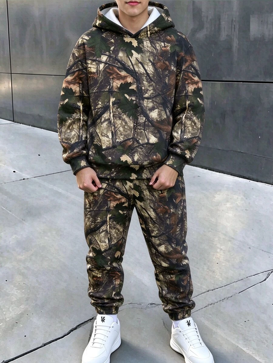 青少年男孩迷彩印花連帽衛衣與運動長褲套裝,休閒長袖連帽衛衣與鬆緊腰長褲 2 件套 - 彩色 - 查看 1