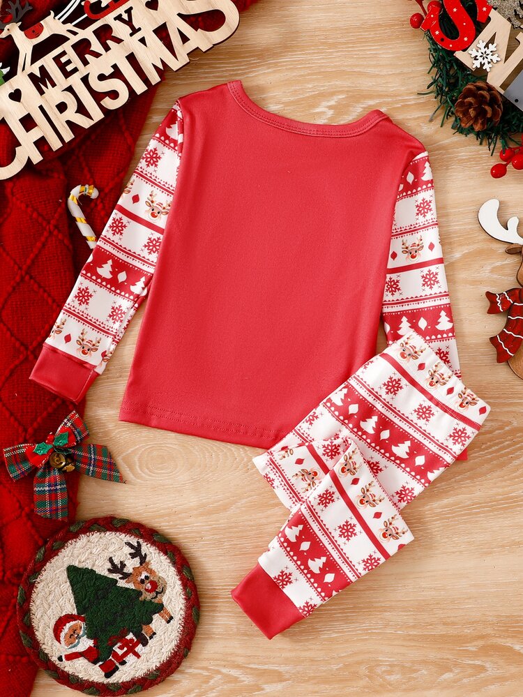 Christmas Autumn/Winter Baby Boy 2 Pieces Set, Red Festive Atmosphere, Cute Cartoon Deer & Snowflake Print, Soft Comfortable Snug Fit High Elastic Long Sleeve Top & Pants Loungewear - Red - View 2