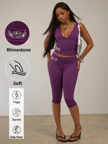 SHEIN BAE Purple And White Rhinestone V-Neck Mid-Length Set Sexy Y2k Two Pieces Set For Women Tracksuit Social 80s Party Gym Workout Outfits Summer - Red Violet - View 8