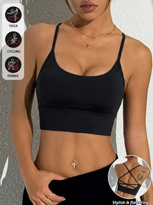 SHEIN Sovereign Charm Shoulder Strap Backless Casual Minimalist Sports Bra For Fitness - Black - View 2