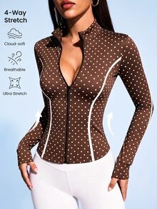 SHEIN Sovereign Charm Polka Dot Print Front Zipper Slim Fit Sports Jacket - Multicolor - View 2
