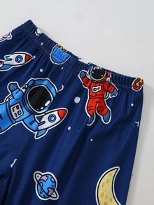 Young Boy Simple Casual Daily Soft Skin-Friendly Navy Blue Cartoon Astronaut Graffiti Print Knit Fabric Open Front Long Sleeve Top And Loose Pants - Navy Blue - View 6