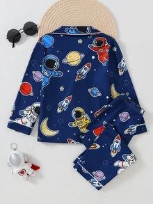Young Boy Simple Casual Daily Soft Skin-Friendly Navy Blue Cartoon Astronaut Graffiti Print Knit Fabric Open Front Long Sleeve Top And Loose Pants - Navy Blue - View 3