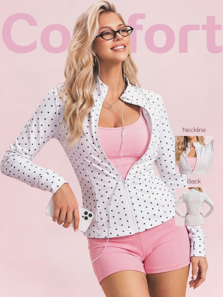 SHEIN Sovereign Charm 女款時尚波點印花拉鍊長袖運動夾克 - 彩色 - 查看 1