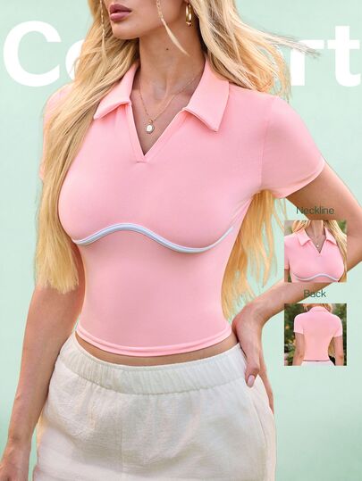 SHEIN Sovereign Charm Women's Pink And Blue Slim Fit Round Hem Sports Polo Shirt For Tennis And Golf Workout Summer Athleisure