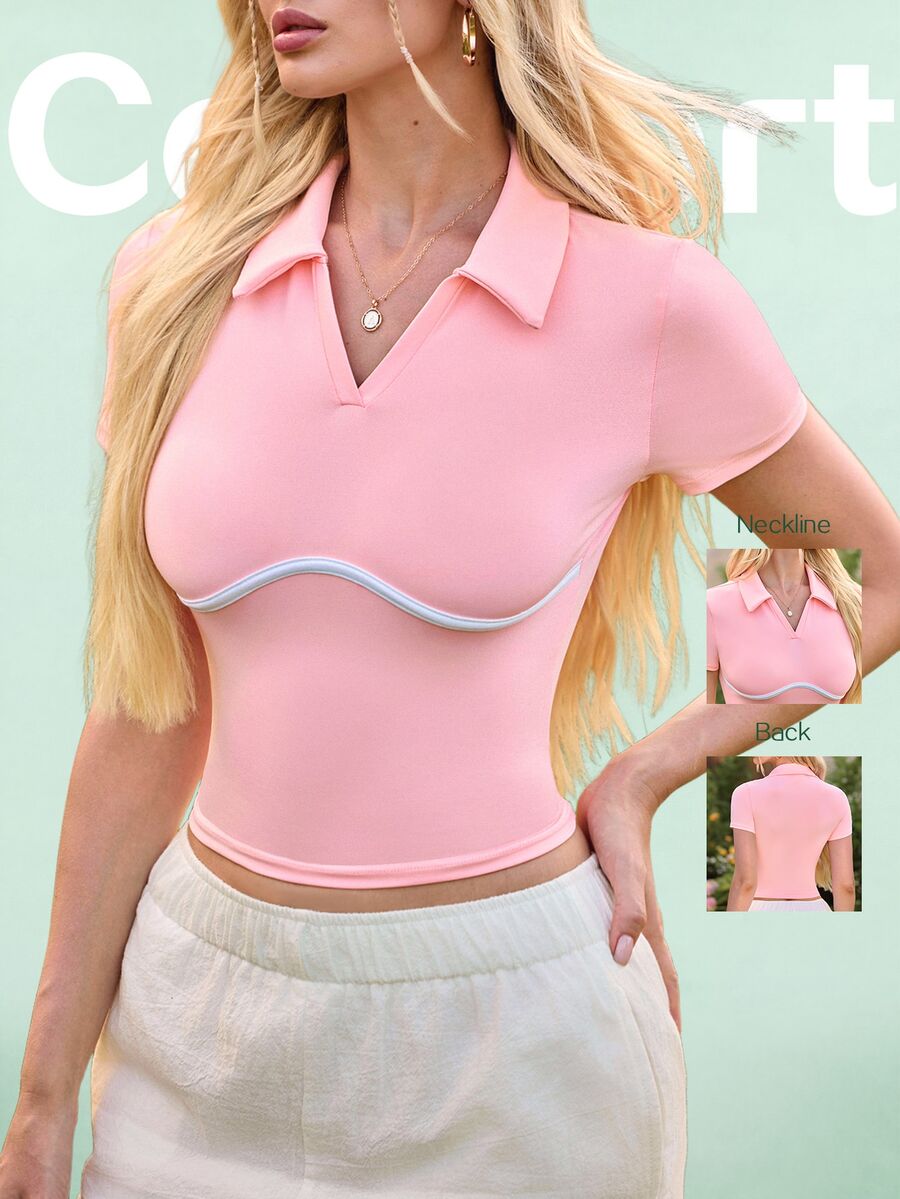 Sovereign Charm Sovereign Charm 女款粉色修身圓下擺運動 Polo 衫,適用於網球與高爾夫球 - 粉色 - 查看 1
